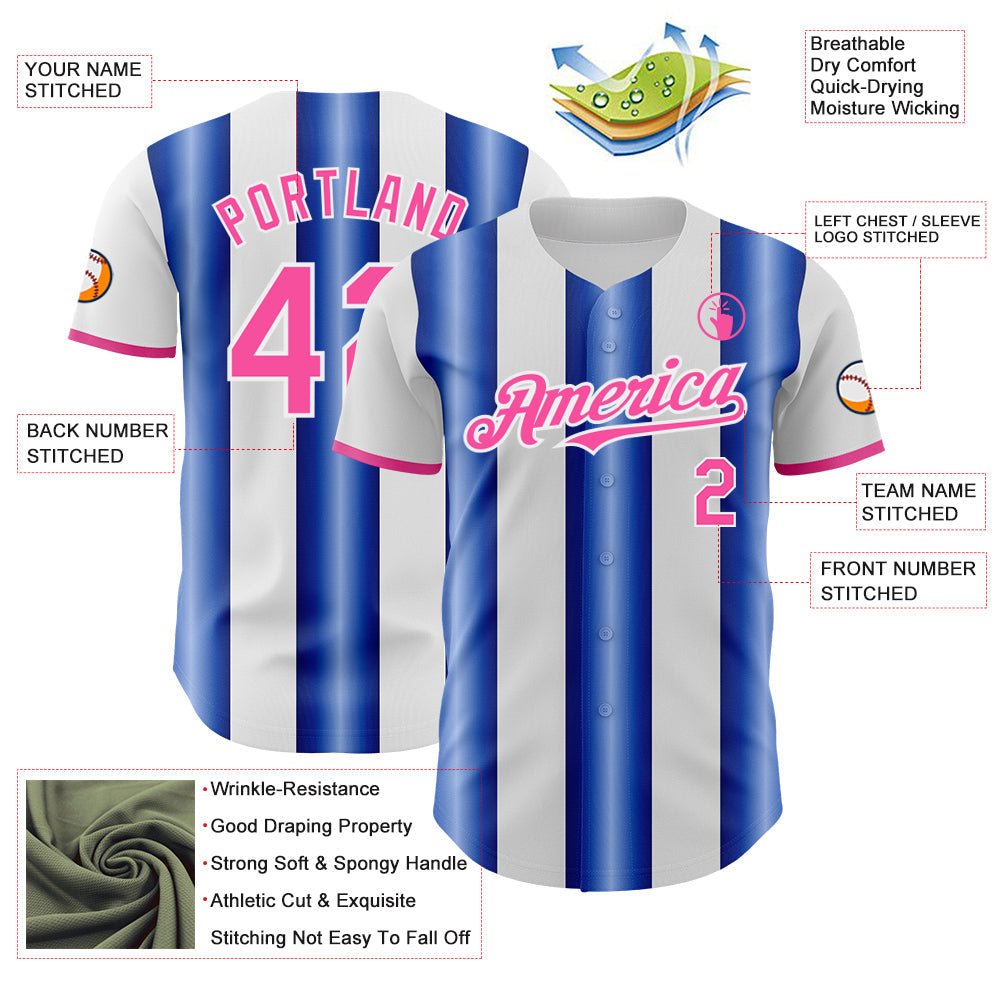 Custom White Pink-Royal Gradient Vertical Stripe Argentina Style Authentic Baseball Jersey