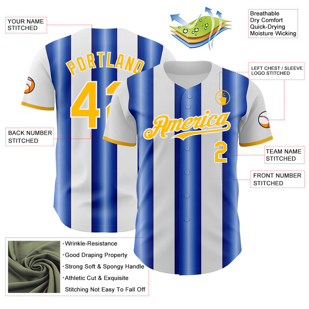 Custom White Gold-Royal Gradient Vertical Stripe Argentina Style Authentic Baseball Jersey