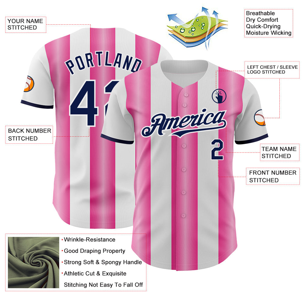 Custom White Navy-Pink Gradient Vertical Stripe Argentina Style Authentic Baseball Jersey