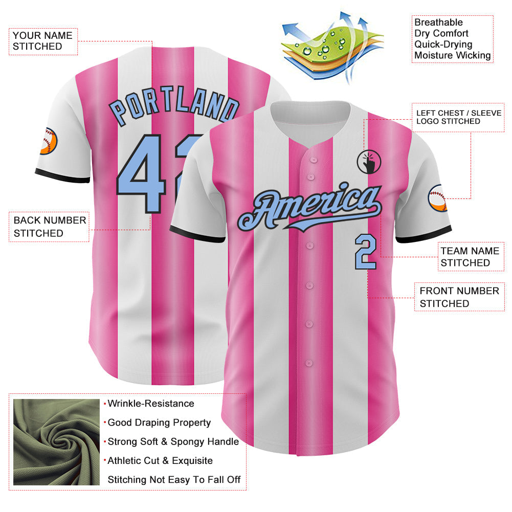 Custom White Light Blue Pink-Black Gradient Vertical Stripe Argentina Style Authentic Baseball Jersey