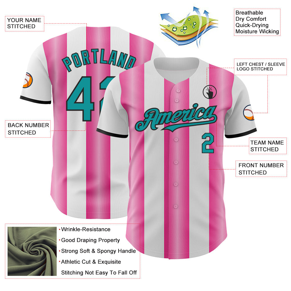 Custom White Teal Pink-Black Gradient Vertical Stripe Argentina Style Authentic Baseball Jersey