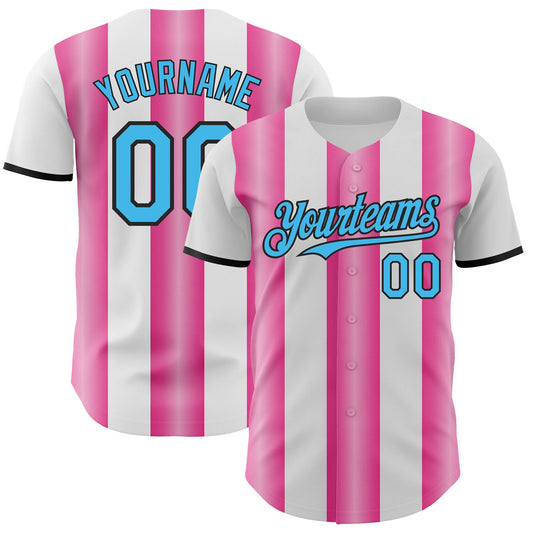 Custom White Sky Blue Pink-Black Gradient Vertical Stripe Argentina Style Authentic Baseball Jersey