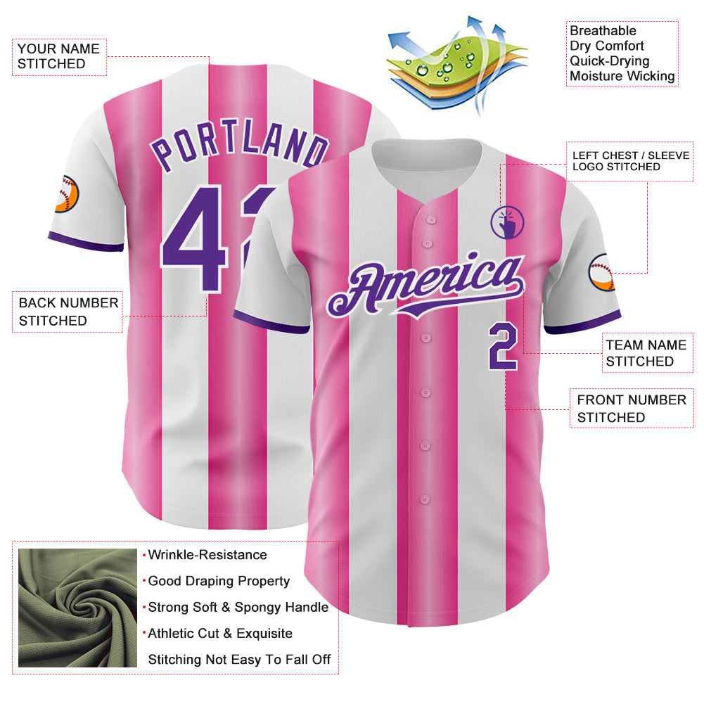 Custom White Purple-Pink Gradient Vertical Stripe Argentina Style Authentic Baseball Jersey