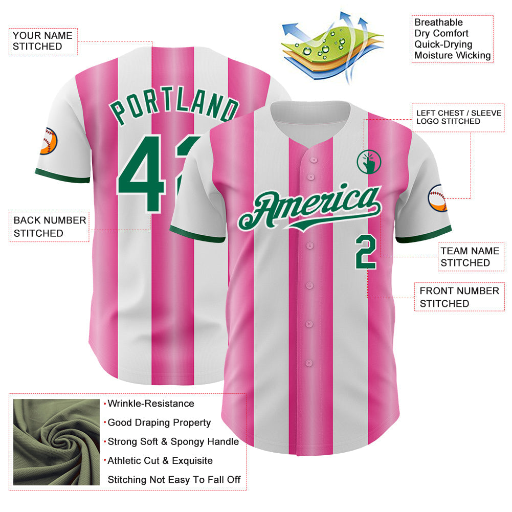 Custom White Kelly Green-Pink Gradient Vertical Stripe Argentina Style Authentic Baseball Jersey