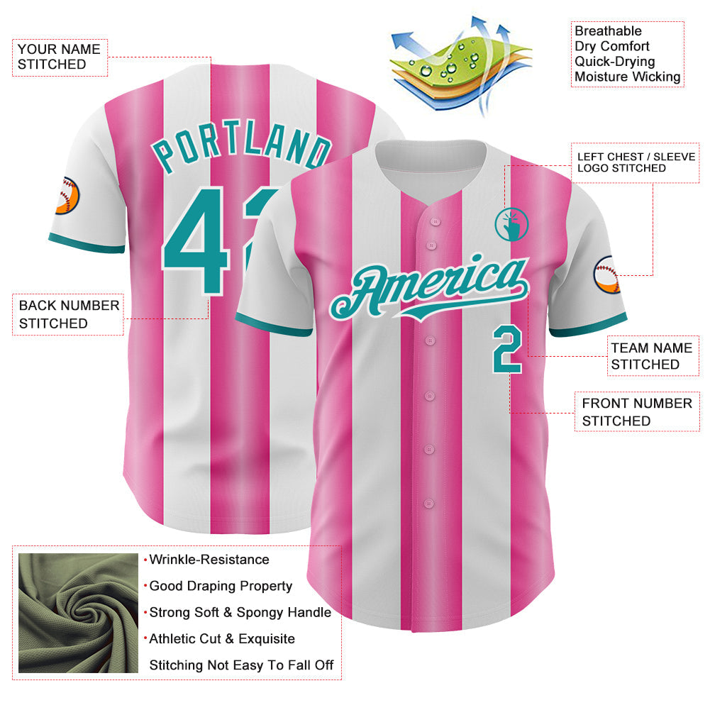 Custom White Teal-Pink Gradient Vertical Stripe Argentina Style Authentic Baseball Jersey