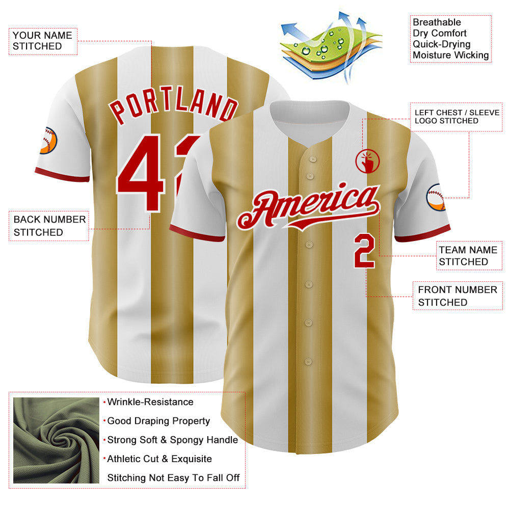 Custom White Red-Old Gold Gradient Vertical Stripe Argentina Style Authentic Baseball Jersey
