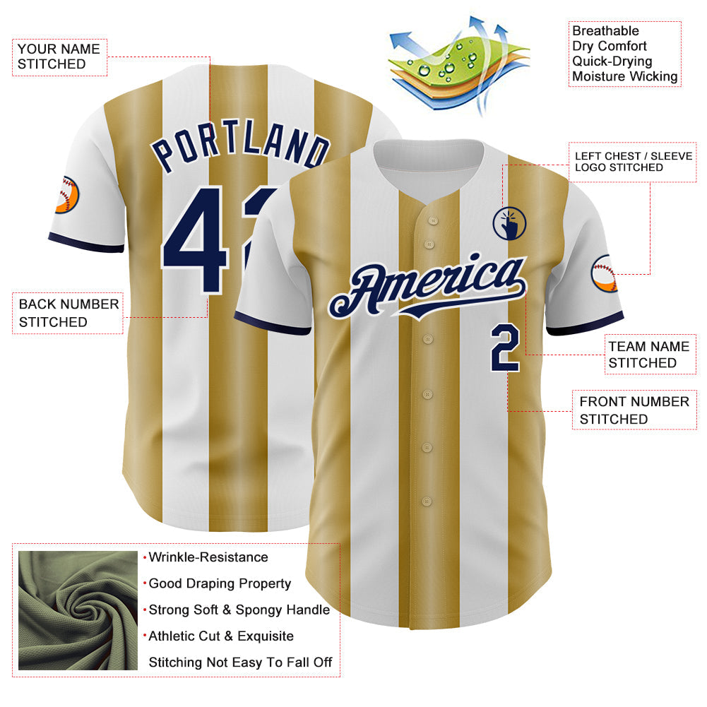 Custom White Navy-Old Gold Gradient Vertical Stripe Argentina Style Authentic Baseball Jersey