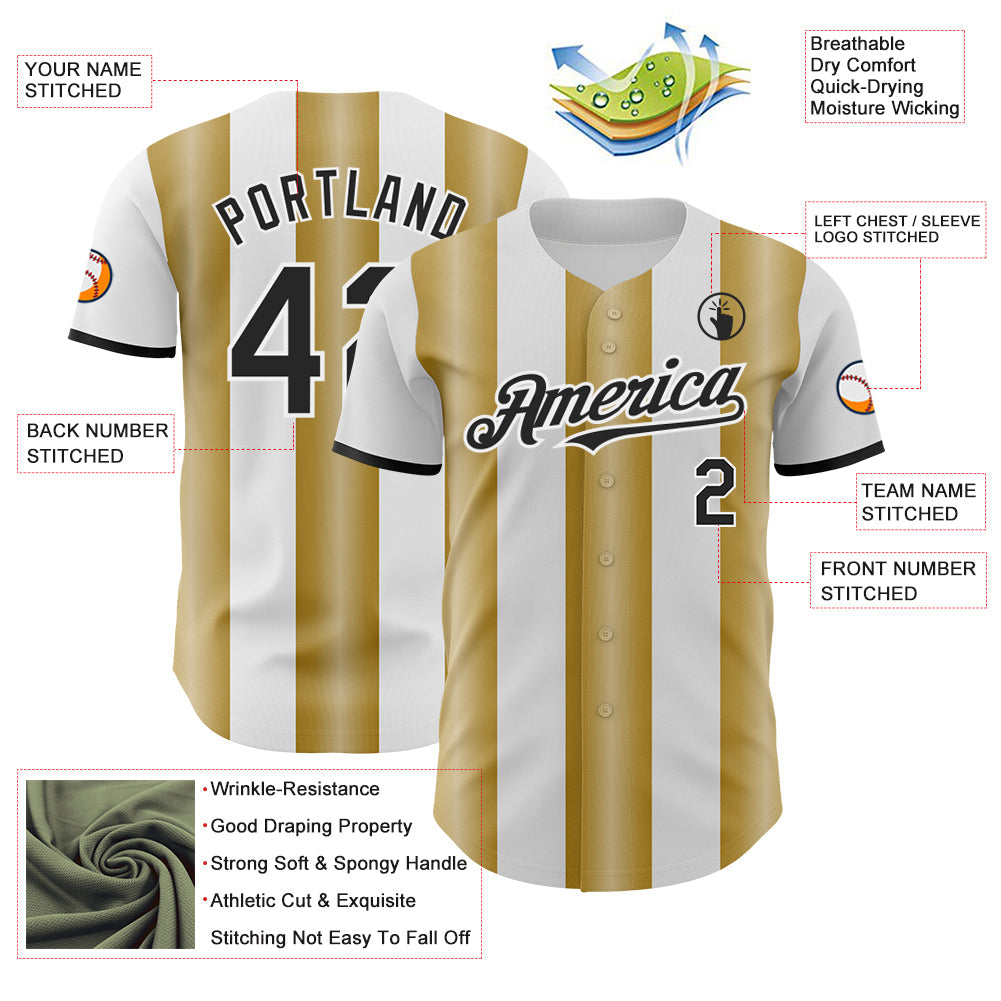 Custom White Black-Old Gold Gradient Vertical Stripe Argentina Style Authentic Baseball Jersey
