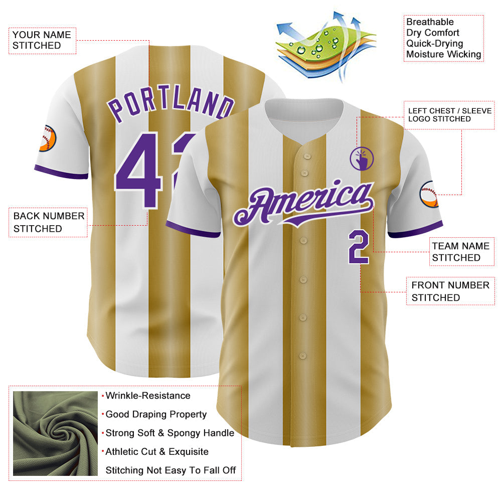 Custom White Purple-Old Gold Gradient Vertical Stripe Argentina Style Authentic Baseball Jersey