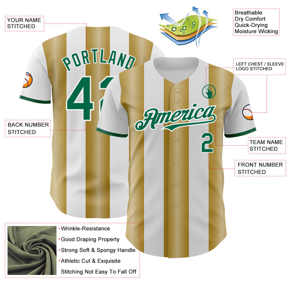 Custom White Kelly Green-Old Gold Gradient Vertical Stripe Argentina Style Authentic Baseball Jersey