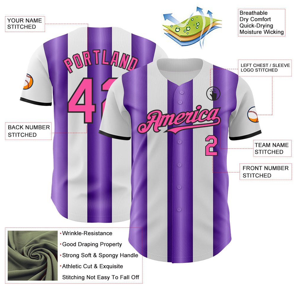 Custom White Pink Purple-Black Gradient Vertical Stripe Argentina Style Authentic Baseball Jersey