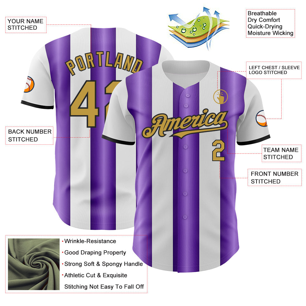 Custom White Old Gold Purple-Black Gradient Vertical Stripe Argentina Style Authentic Baseball Jersey