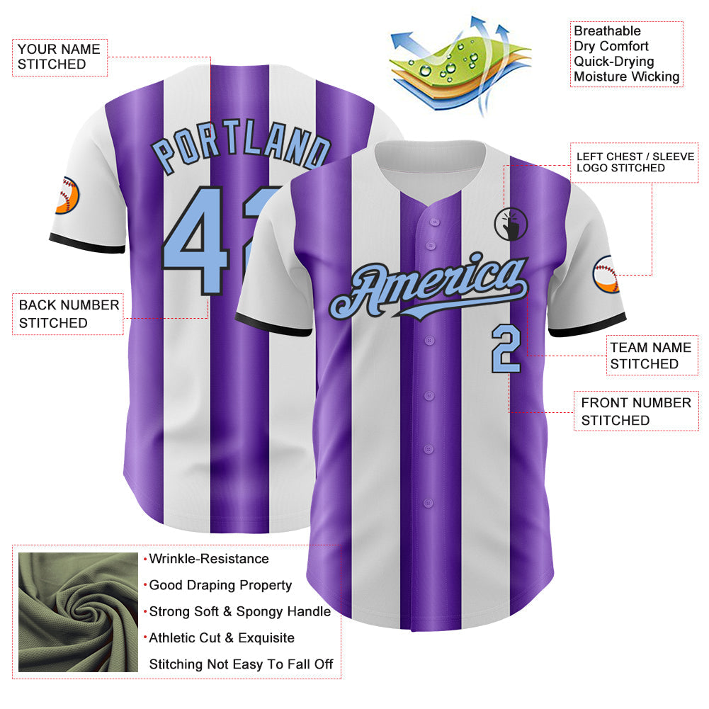 Custom White Light Blue Purple-Black Gradient Vertical Stripe Argentina Style Authentic Baseball Jersey