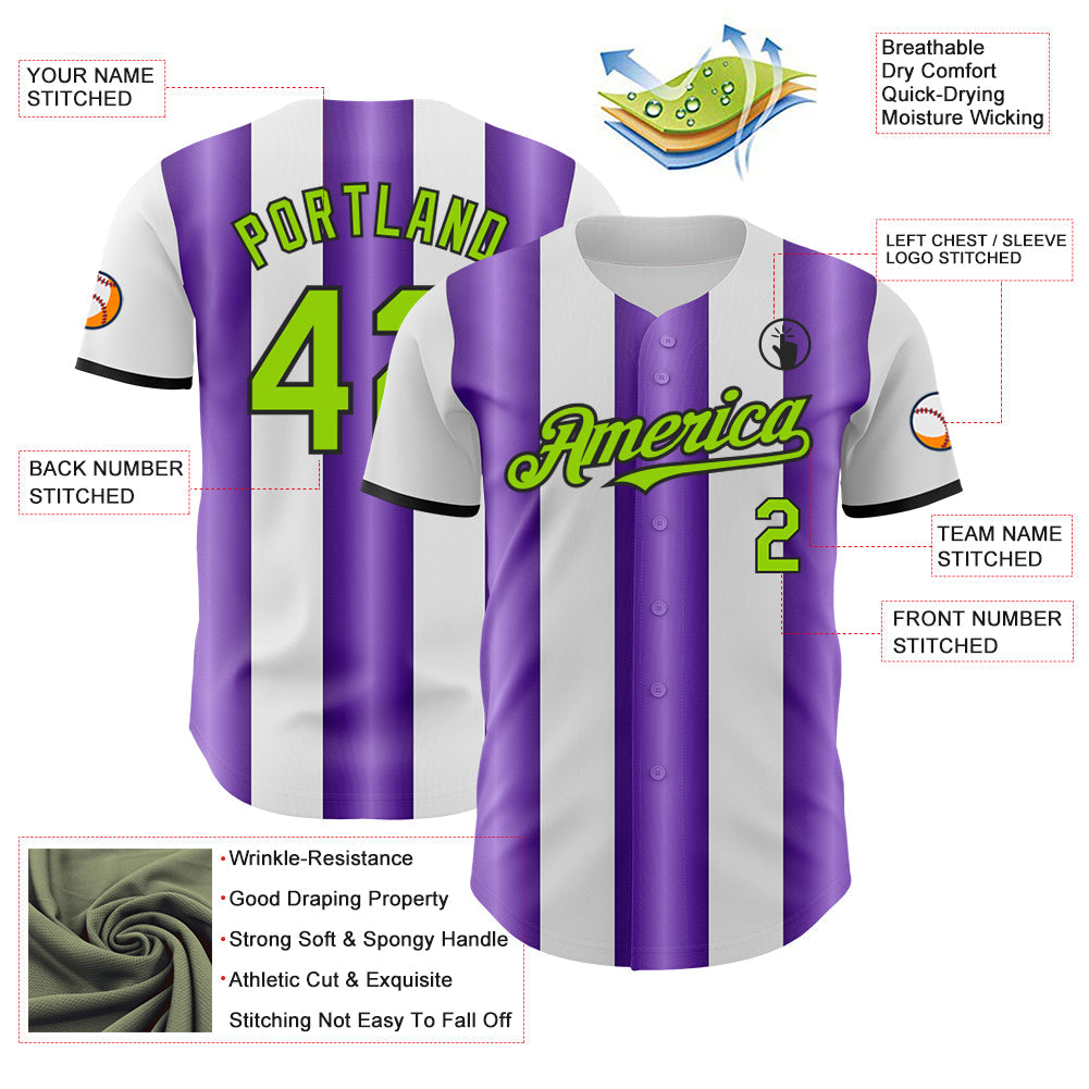 Custom White Neon Green Purple-Black Gradient Vertical Stripe Argentina Style Authentic Baseball Jersey