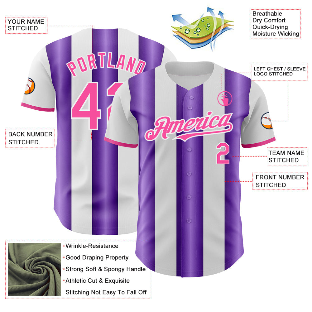 Custom White Pink-Purple Gradient Vertical Stripe Argentina Style Authentic Baseball Jersey