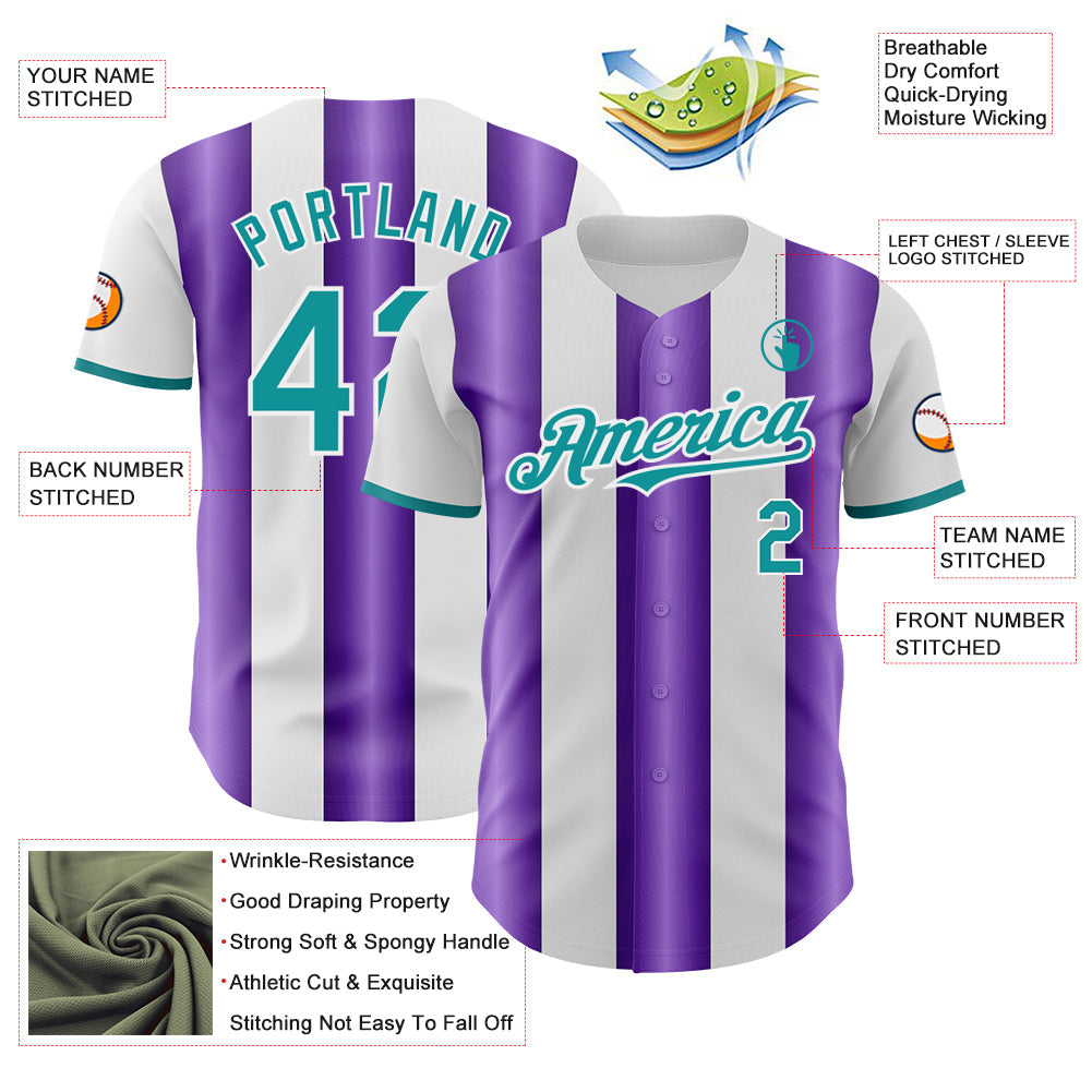 Custom White Teal-Purple Gradient Vertical Stripe Argentina Style Authentic Baseball Jersey