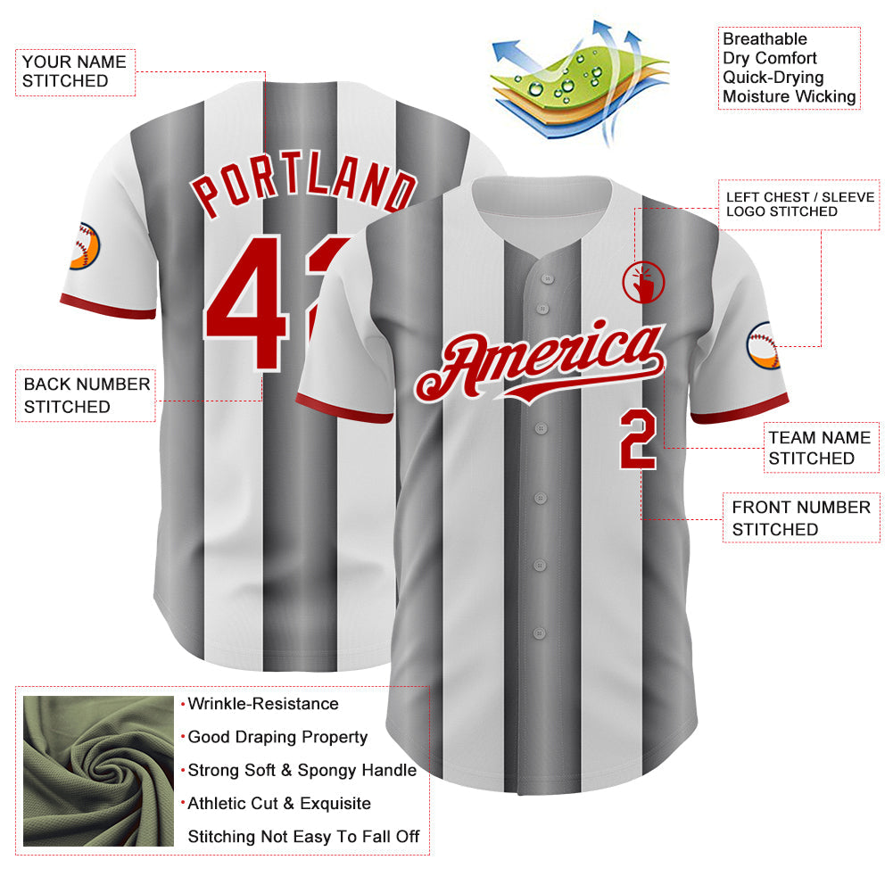 Custom White Red-Steel Gray Gradient Vertical Stripe Argentina Style Authentic Baseball Jersey