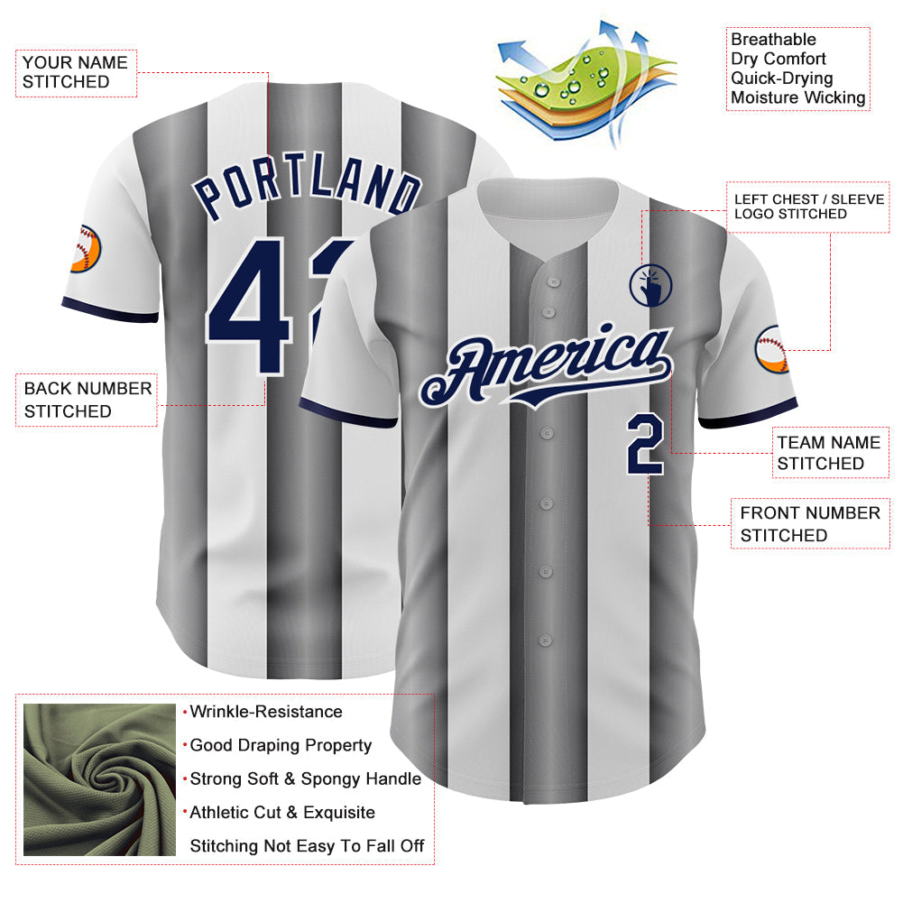 Custom White Navy-Steel Gray Gradient Vertical Stripe Argentina Style Authentic Baseball Jersey
