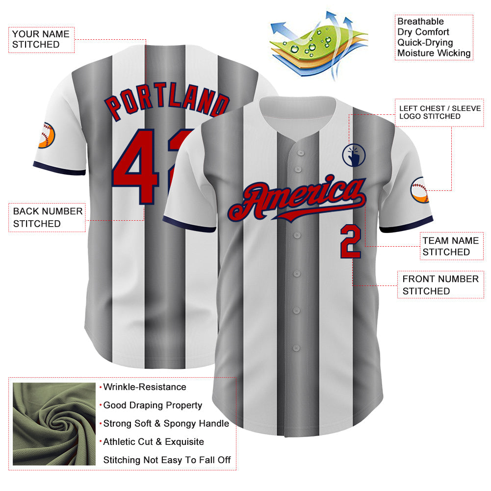 Custom White Red Steel Gray-Navy Gradient Vertical Stripe Argentina Style Authentic Baseball Jersey