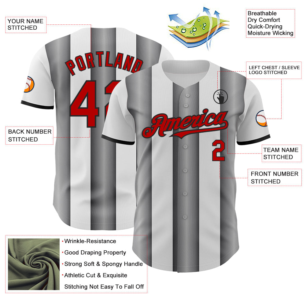 Custom White Red Steel Gray-Black Gradient Vertical Stripe Argentina Style Authentic Baseball Jersey