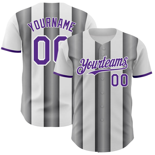 Custom White Purple-Steel Gray Gradient Vertical Stripe Argentina Style Authentic Baseball Jersey
