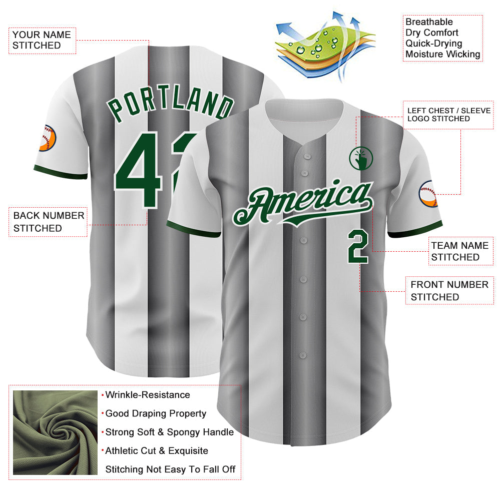 Custom White Green-Steel Gray Gradient Vertical Stripe Argentina Style Authentic Baseball Jersey