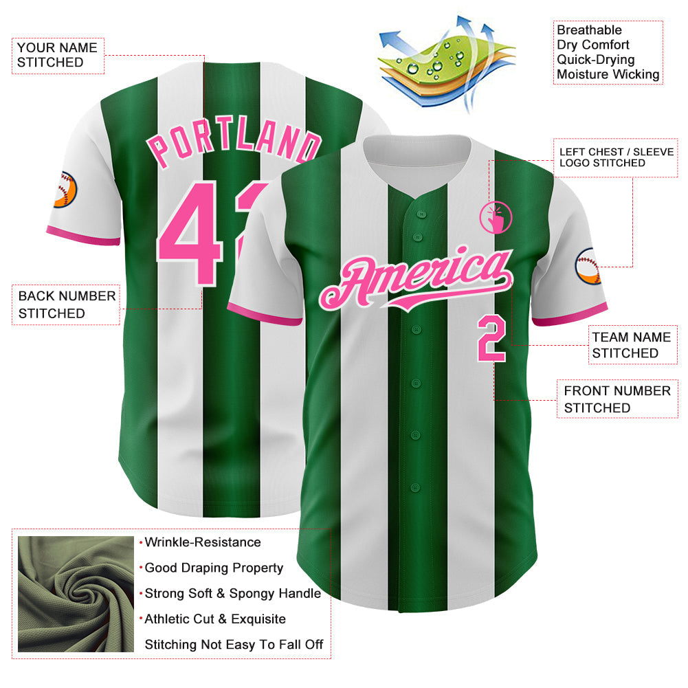 Custom White Pink-Green Gradient Vertical Stripe Argentina Style Authentic Baseball Jersey