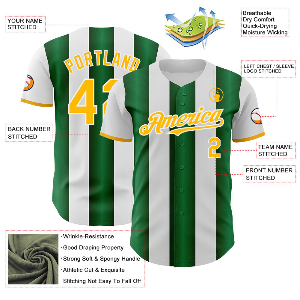 Custom White Gold-Green Gradient Vertical Stripe Argentina Style Authentic Baseball Jersey