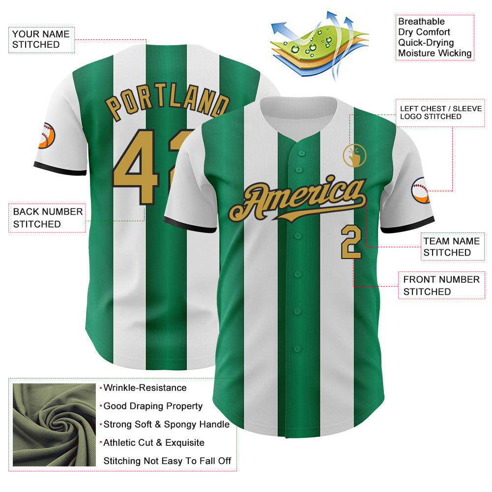 Custom White Old Gold Kelly Green-Black Gradient Vertical Stripe Argentina Style Authentic Baseball Jersey