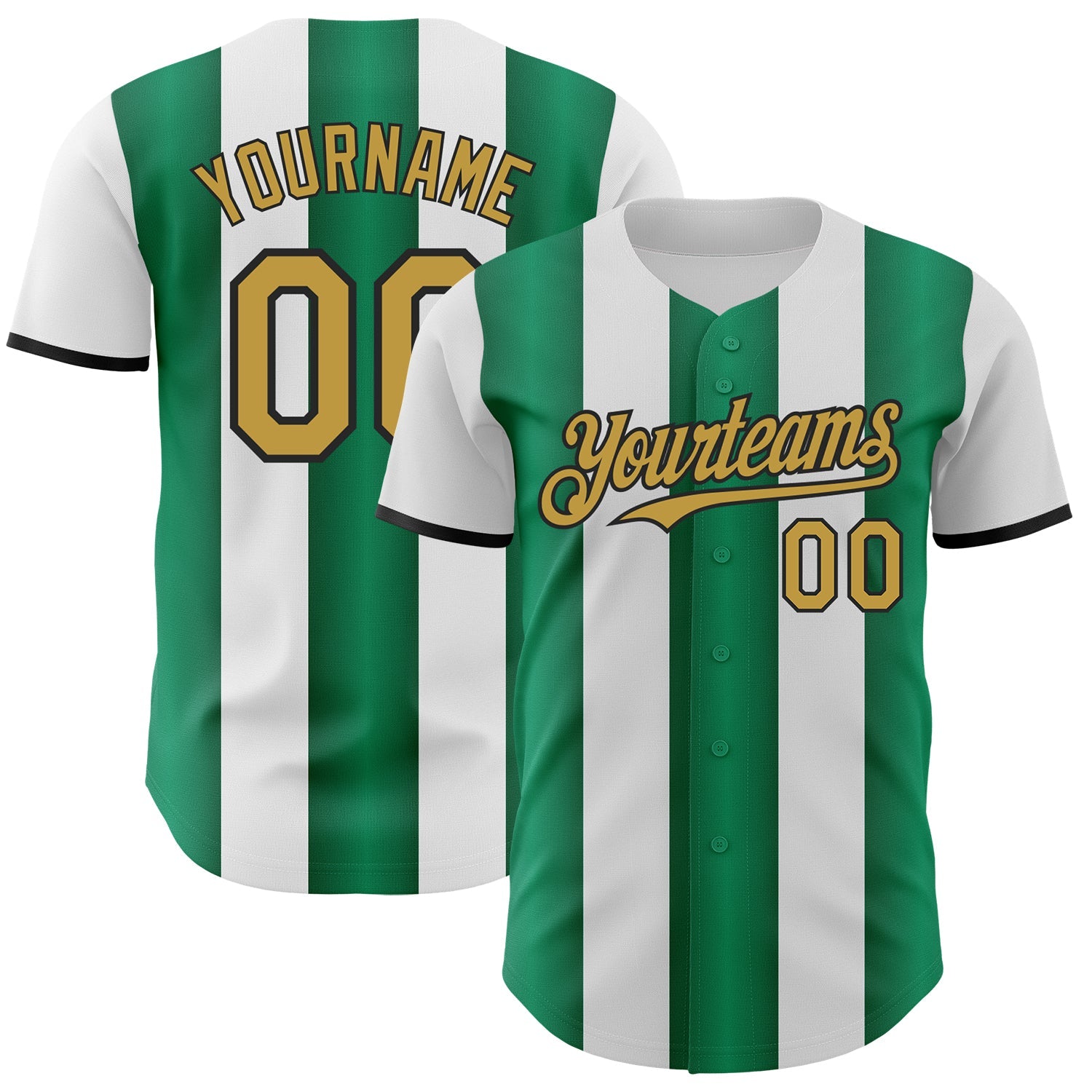 Custom White Old Gold Kelly Green-Black Gradient Vertical Stripe Argentina Style Authentic Baseball Jersey