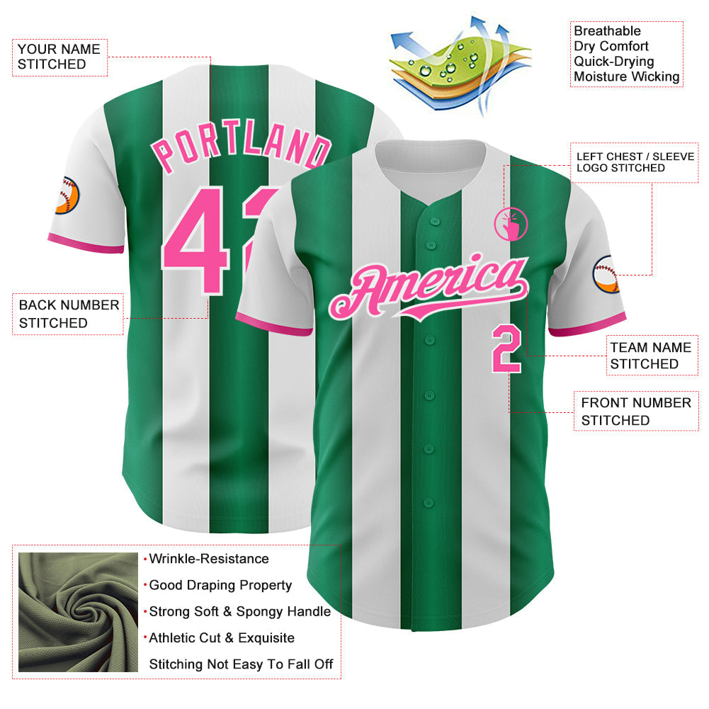 Custom White Pink-Kelly Green Gradient Vertical Stripe Argentina Style Authentic Baseball Jersey