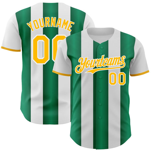 Custom White Gold-Kelly Green Gradient Vertical Stripe Argentina Style Authentic Baseball Jersey