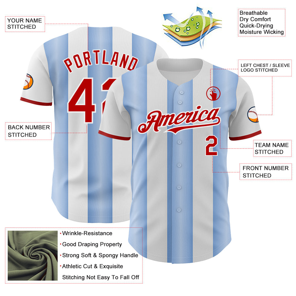 Custom White Red-Light Blue Gradient Vertical Stripe Argentina Style Authentic Baseball Jersey