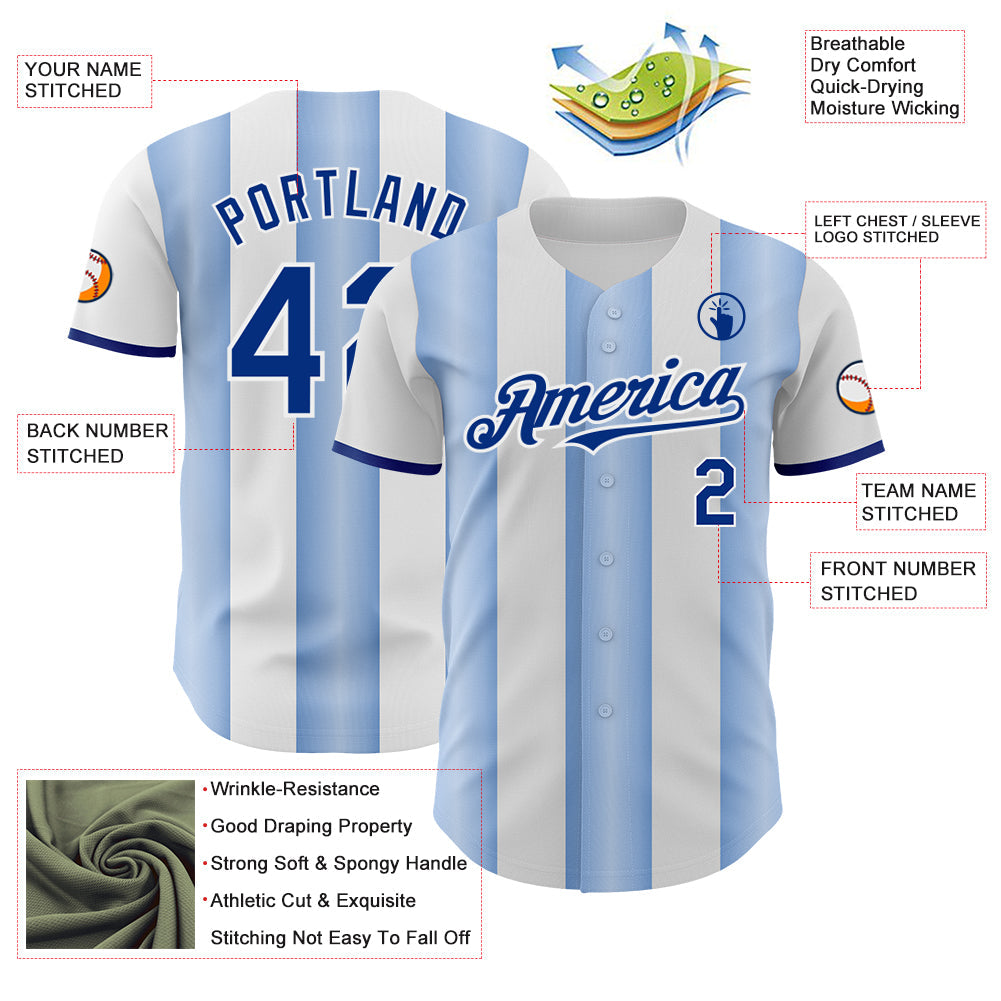 Custom White Royal-Light Blue Gradient Vertical Stripe Argentina Style Authentic Baseball Jersey