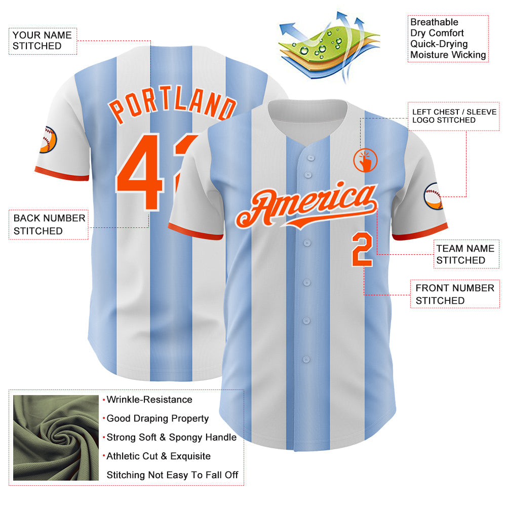 Custom White Orange-Light Blue Gradient Vertical Stripe Argentina Style Authentic Baseball Jersey