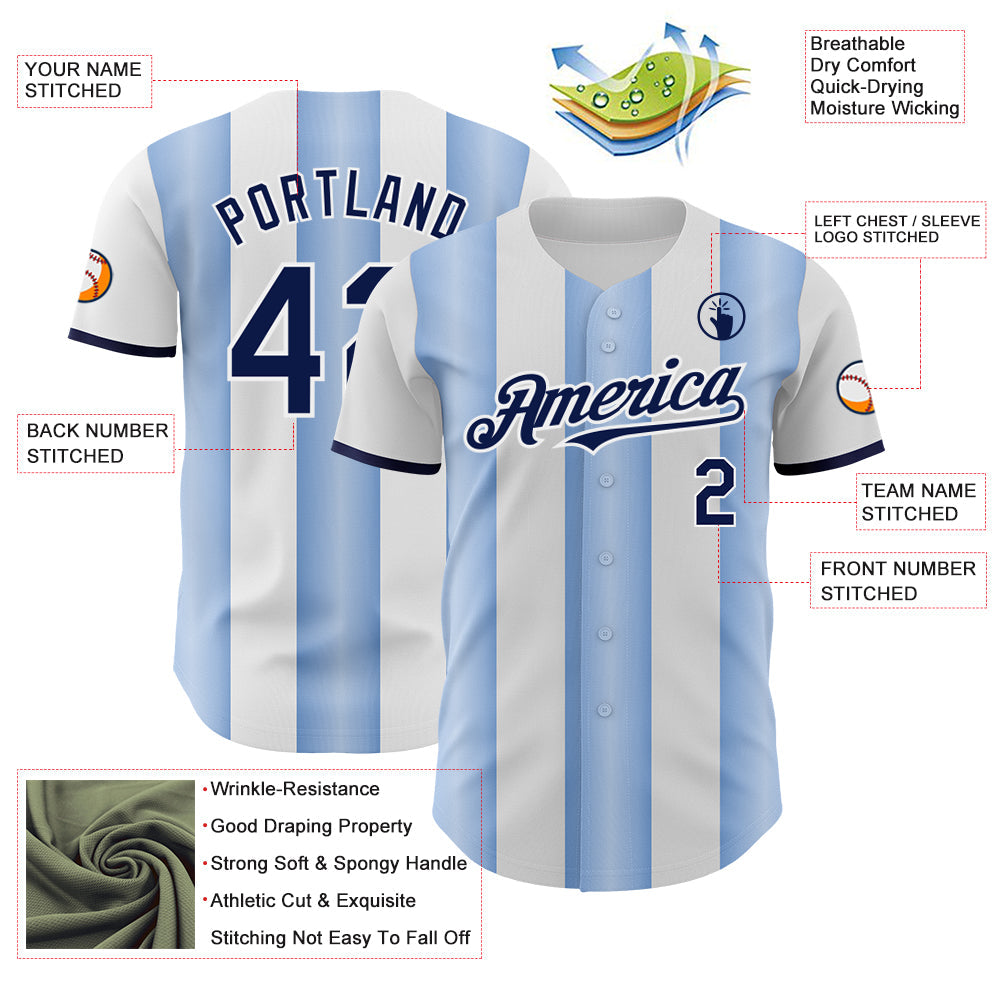 Custom White Navy-Light Blue Gradient Vertical Stripe Argentina Style Authentic Baseball Jersey