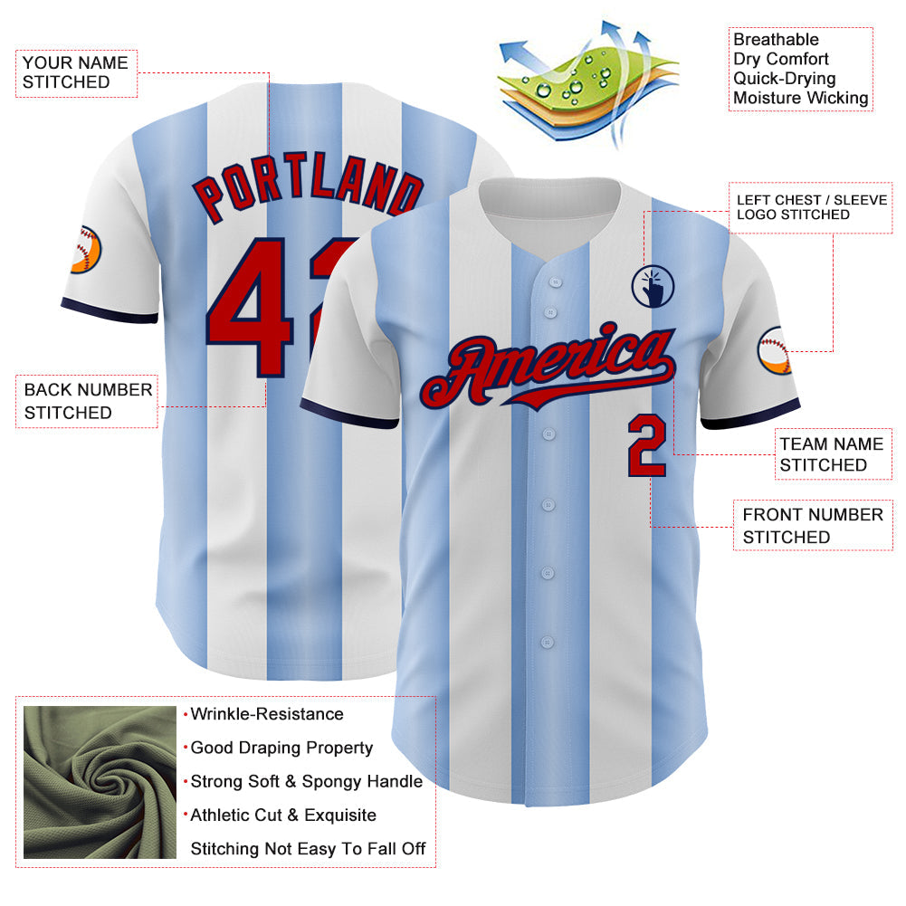 Custom White Red Light Blue-Navy Gradient Vertical Stripe Argentina Style Authentic Baseball Jersey