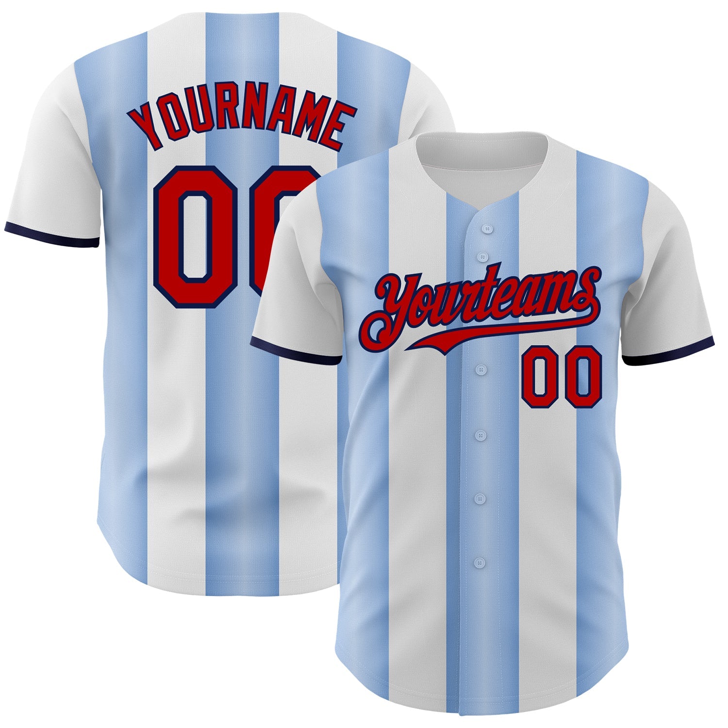 Custom White Red Light Blue-Navy Gradient Vertical Stripe Argentina Style Authentic Baseball Jersey