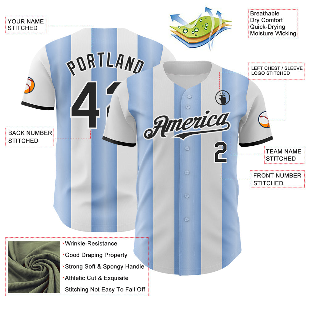 Custom White Black-Light Blue Gradient Vertical Stripe Argentina Style Authentic Baseball Jersey
