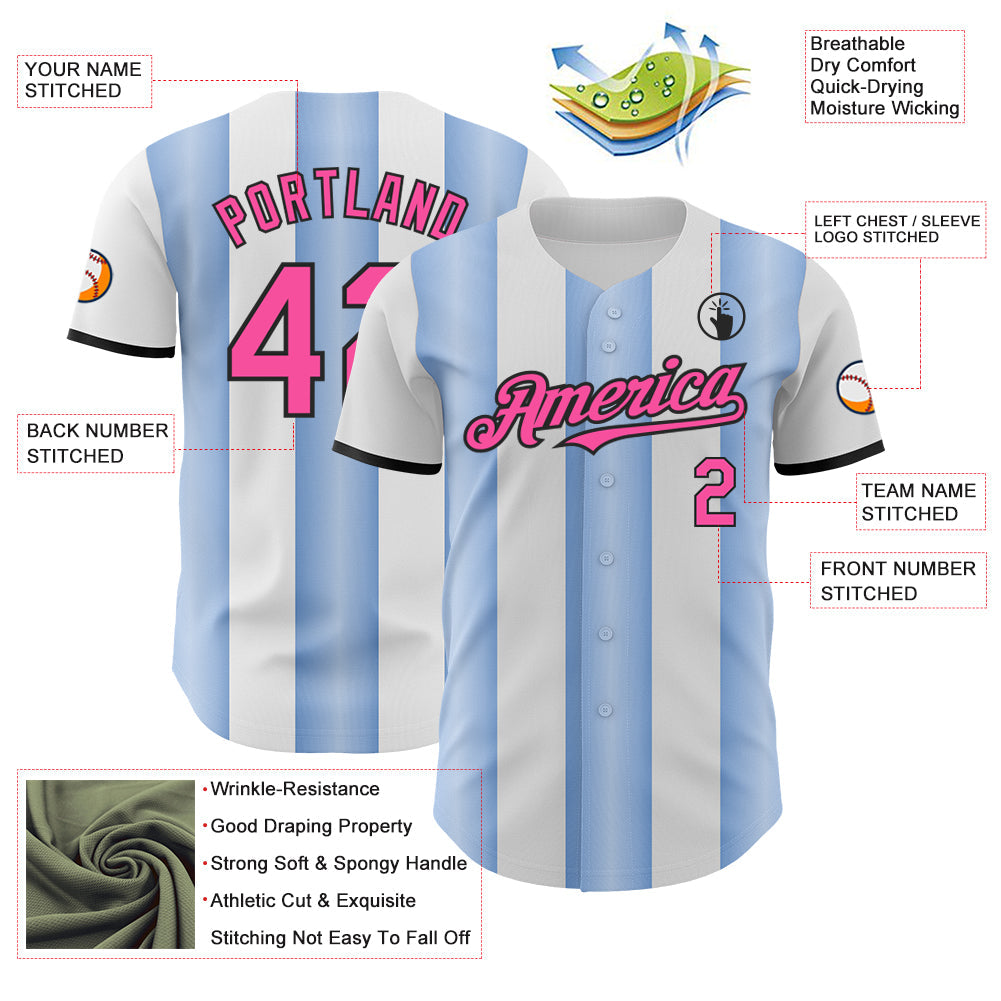 Custom White Pink Light Blue-Black Gradient Vertical Stripe Argentina Style Authentic Baseball Jersey