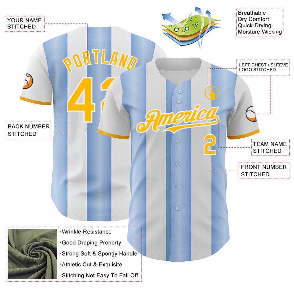 Custom White Gold-Light Blue Gradient Vertical Stripe Argentina Style Authentic Baseball Jersey