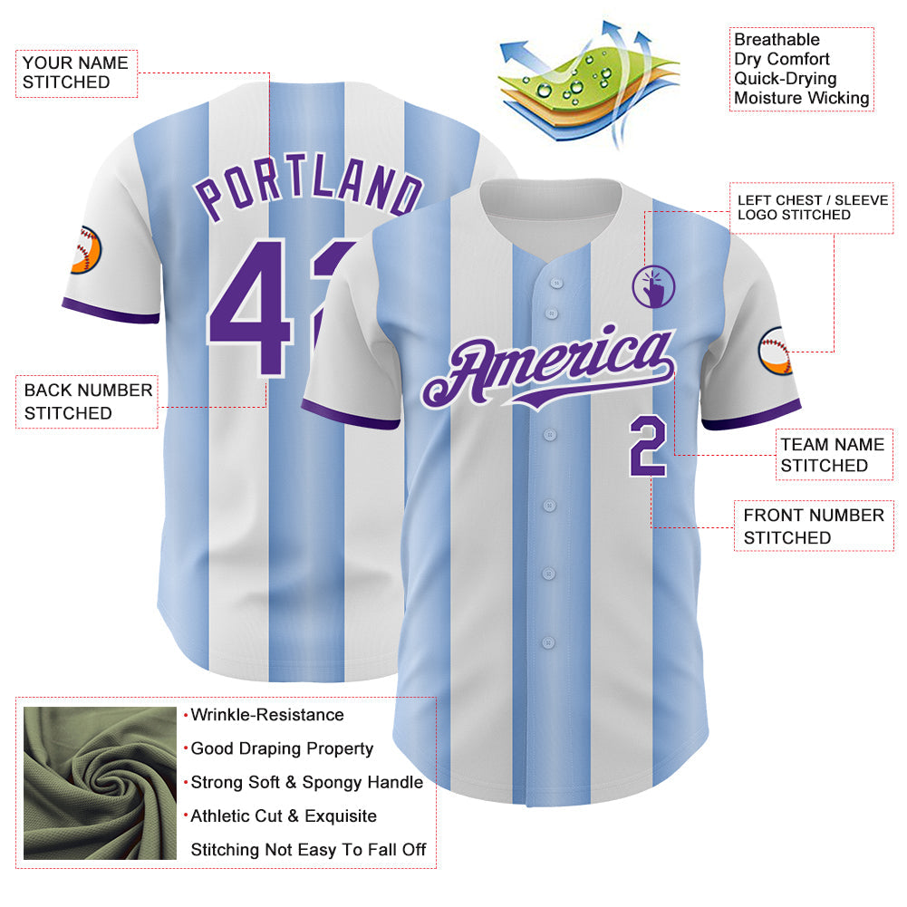 Custom White Purple-Light Blue Gradient Vertical Stripe Argentina Style Authentic Baseball Jersey