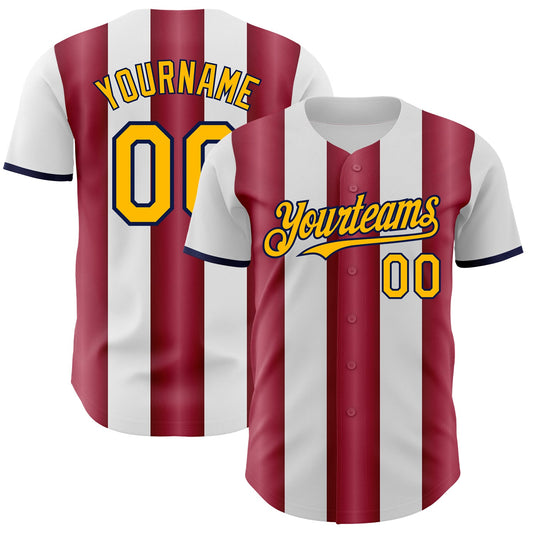 Custom White Gold Crimson-Navy Gradient Vertical Stripe Argentina Style Authentic Baseball Jersey
