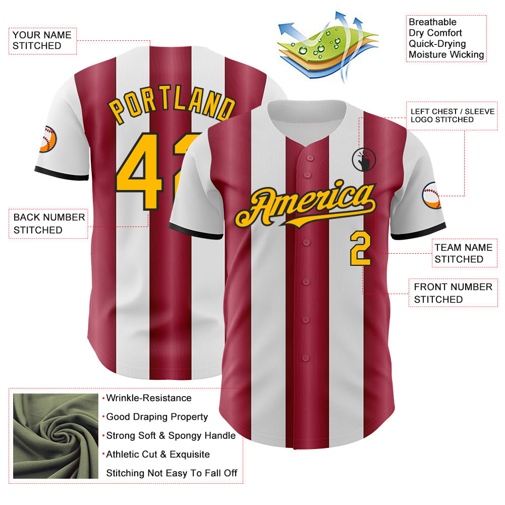 Custom White Gold Crimson-Black Gradient Vertical Stripe Argentina Style Authentic Baseball Jersey