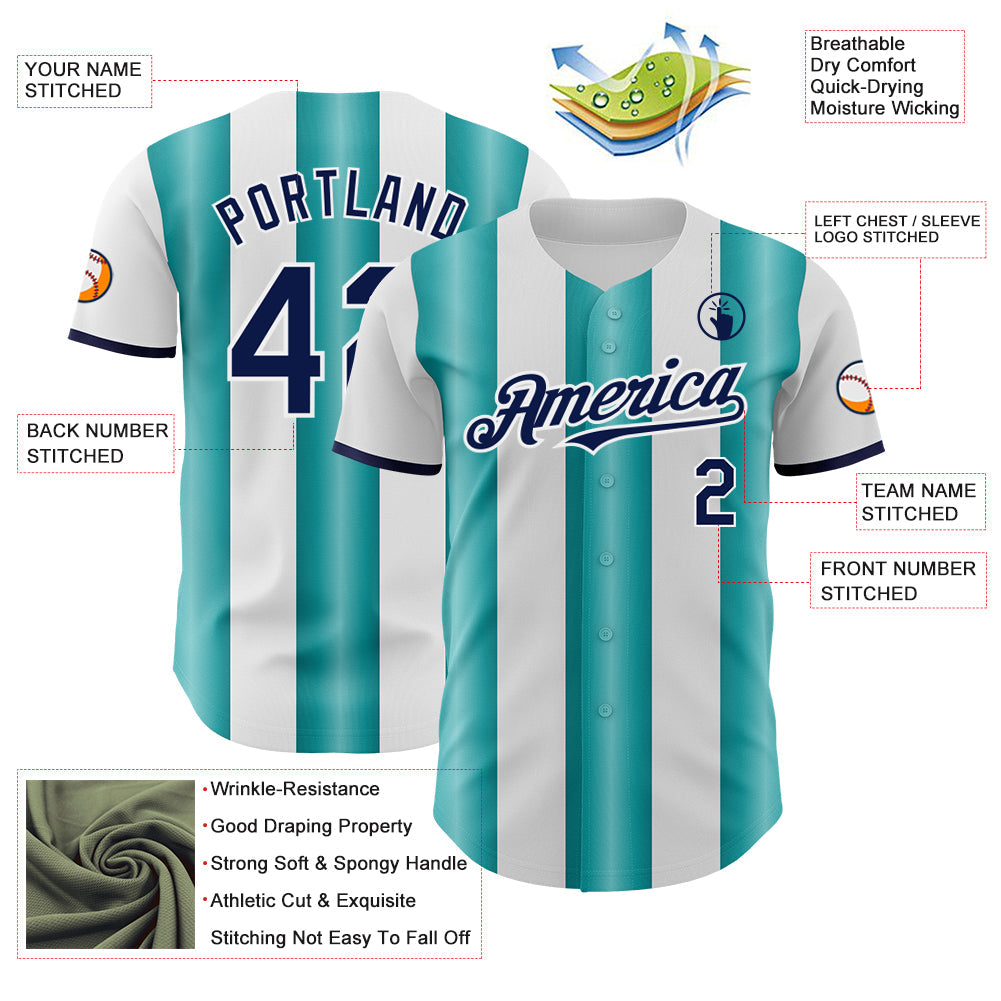Custom White Navy-Teal Gradient Vertical Stripe Argentina Style Authentic Baseball Jersey
