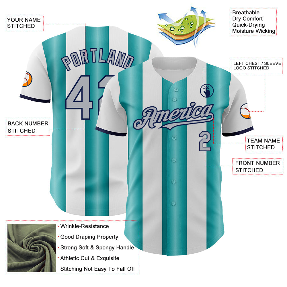Custom White Gray Teal-Navy Gradient Vertical Stripe Argentina Style Authentic Baseball Jersey
