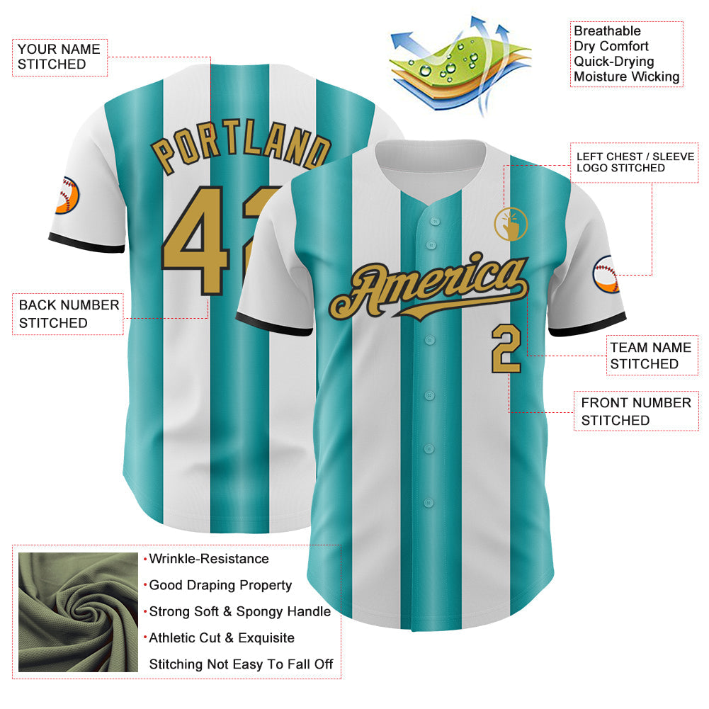 Custom White Old Gold Teal-Black Gradient Vertical Stripe Argentina Style Authentic Baseball Jersey