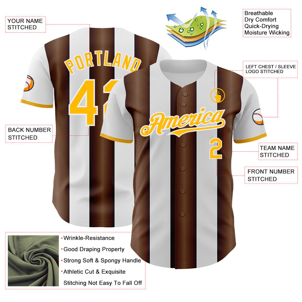 Custom White Gold-Brown Gradient Vertical Stripe Argentina Style Authentic Baseball Jersey