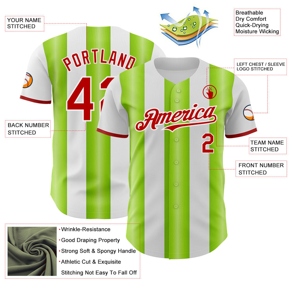 Custom White Red-Neon Green Gradient Vertical Stripe Argentina Style Authentic Baseball Jersey