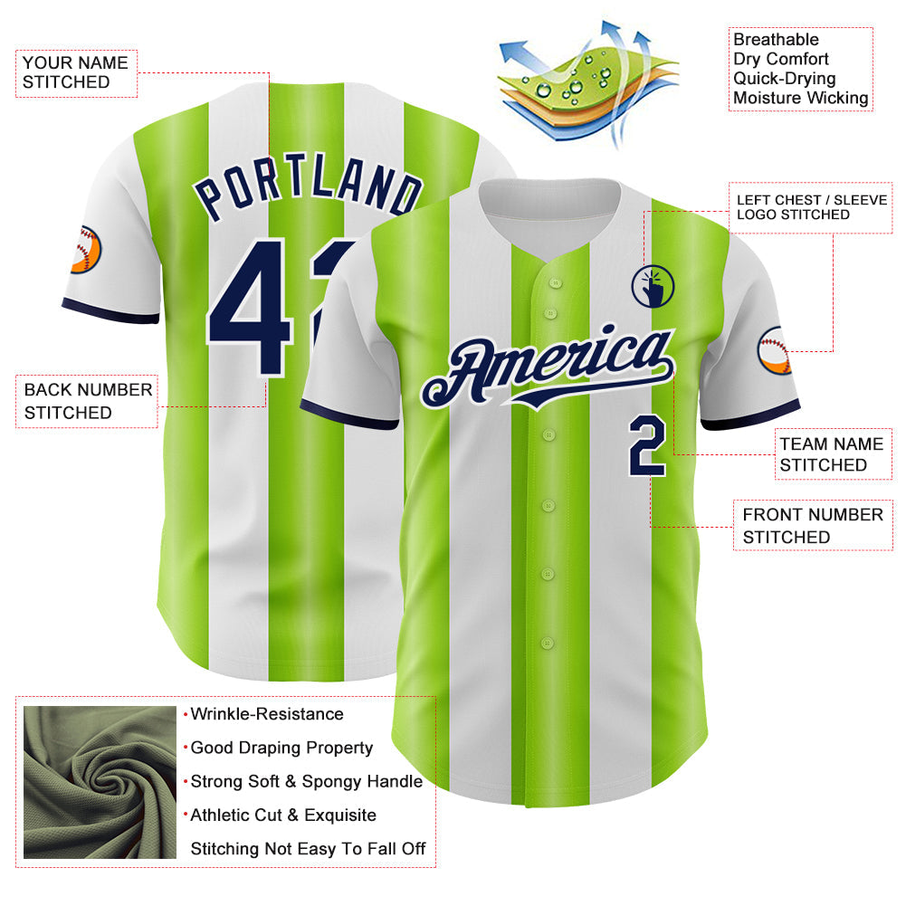 Custom White Navy-Neon Green Gradient Vertical Stripe Argentina Style Authentic Baseball Jersey